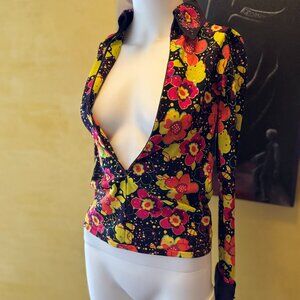 Vintage Y2K Rhinestone Floral Plunge Top – Size S